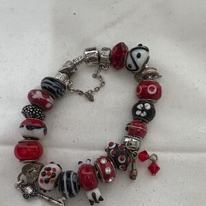 Chic Pandora Style Red and Black Beaded Charm Bracelet with Silver Accents